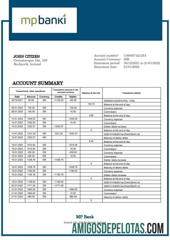 Iceland MP modelo de extrato bancário